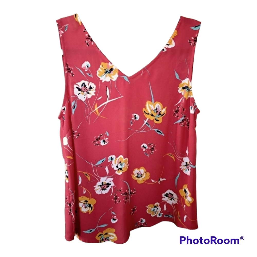 Maurices Summer Sheer Red Floral Sleeveless V neck Blouse Shell Size S